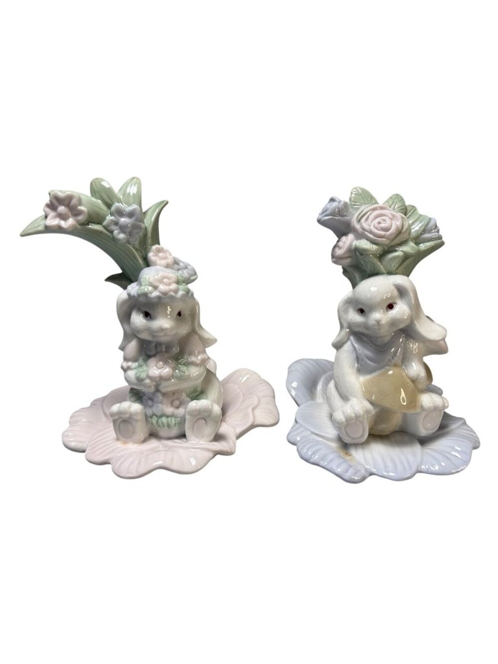 Rabbit Flower Figurine Set - Ceramic Bunny Decor 6.5"